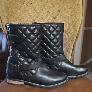 Barbour International Black Quilted Leather Fur Lined Mid Calf Boots Shoes